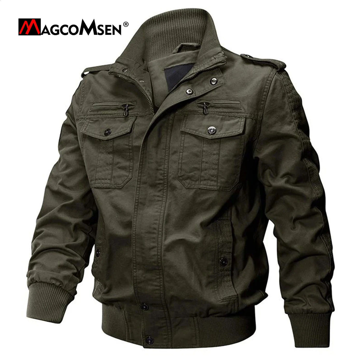 MAGCOMSEN Mens Bomber Pilot Jacket Autumn Standing Collar Windproof Jacket with Multiple Pockets 250818