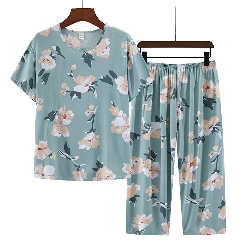 Cotton Silk Pajamas Homewear Suit Womens Summer Thin Short-Sleeved Homewear Rayon Middle-Aged Mom Casual Pajamas Homewear250821