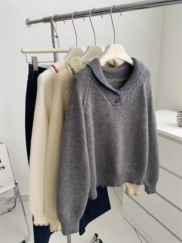 Pull de pull gris pour femmes avec collier harajuku y2k à manches longues en cachemire en tricot en tricot vintage 2000 vêtements automne 250818