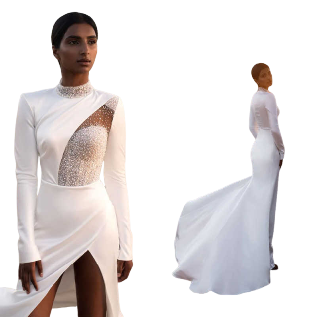 Robes de mariée blanches à haute division à manches longues High Couc Crystal Robes d'événement spécial Sweep Train Elegant Femmes Robe de mariée