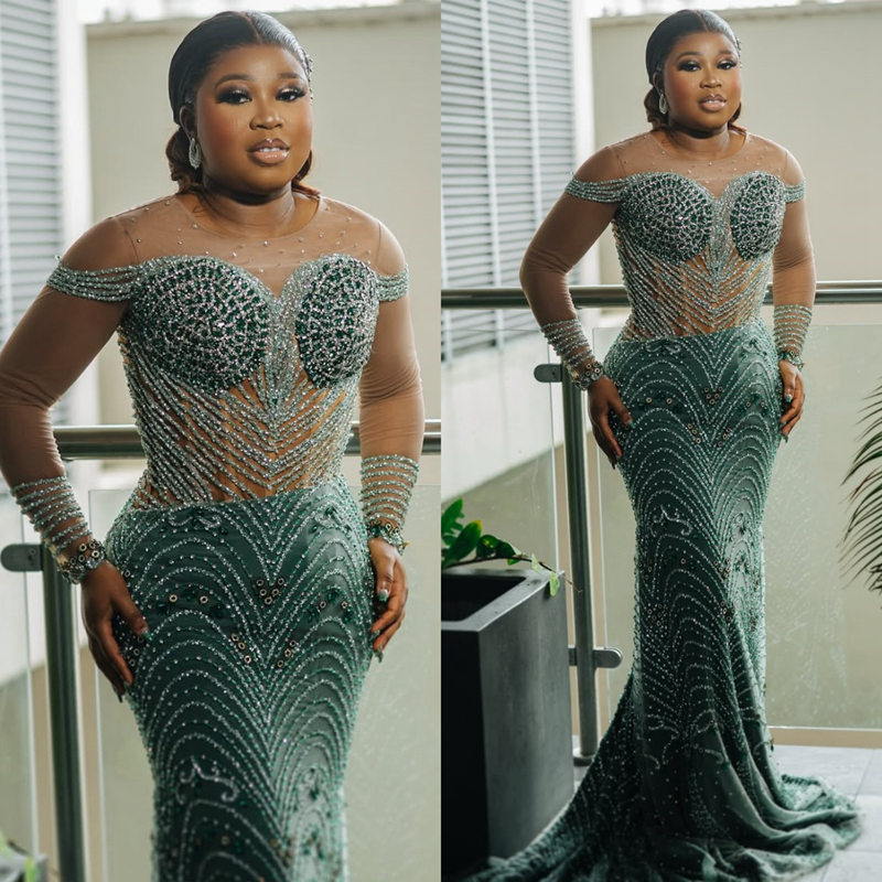 Plus Size Green Aso Ebi Prom Dress 2025 Mermaid Formal Gowns Illusion Sheer Neck Illusion Beaded Lace Robe De Soiree Pearls Birthday Second Receptio