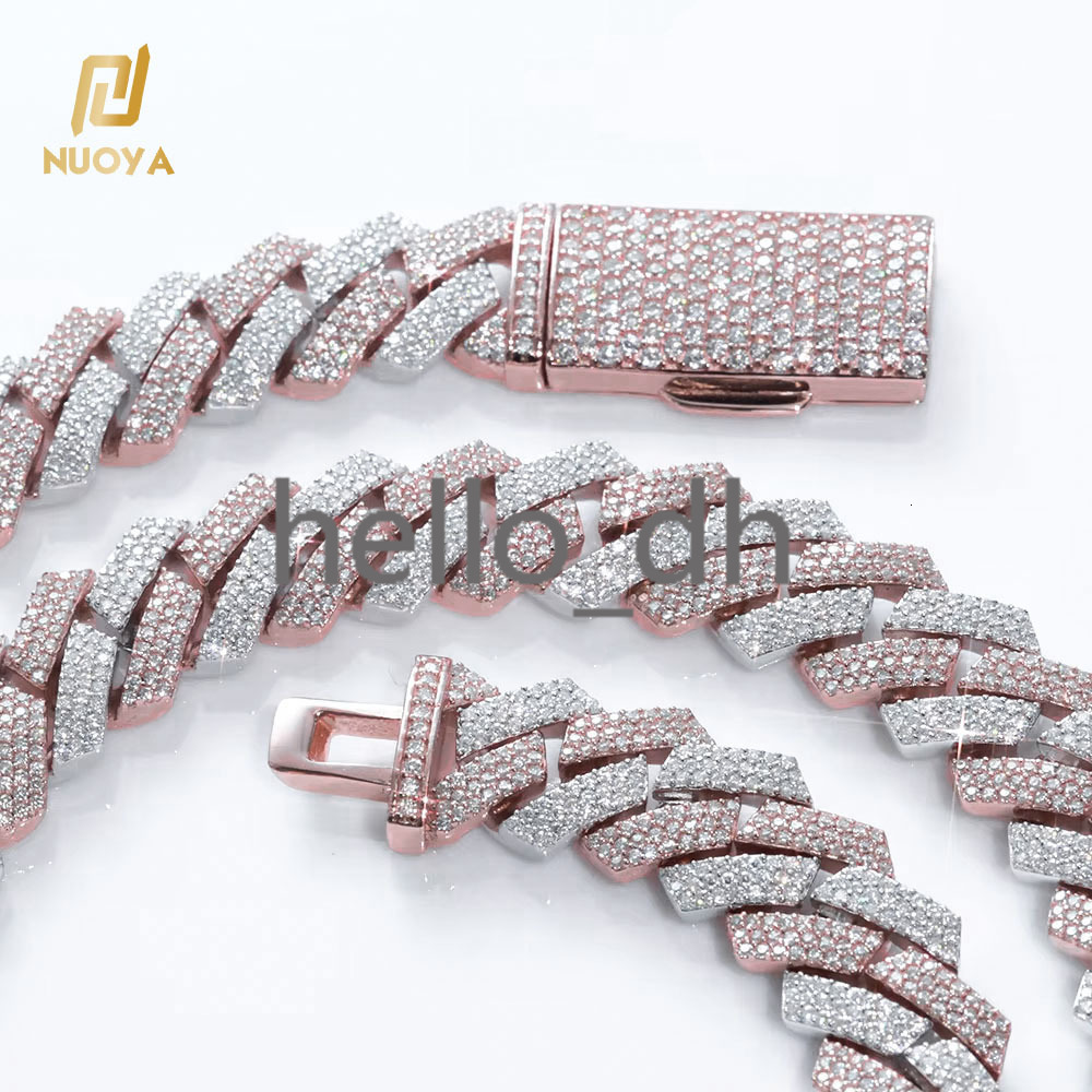 12mm Two Tone Hip Hop Cuban Necklace Rose Gold Plated Chain Three Rows moissanite Prong Cuban Chain Necklace Women Jewelry