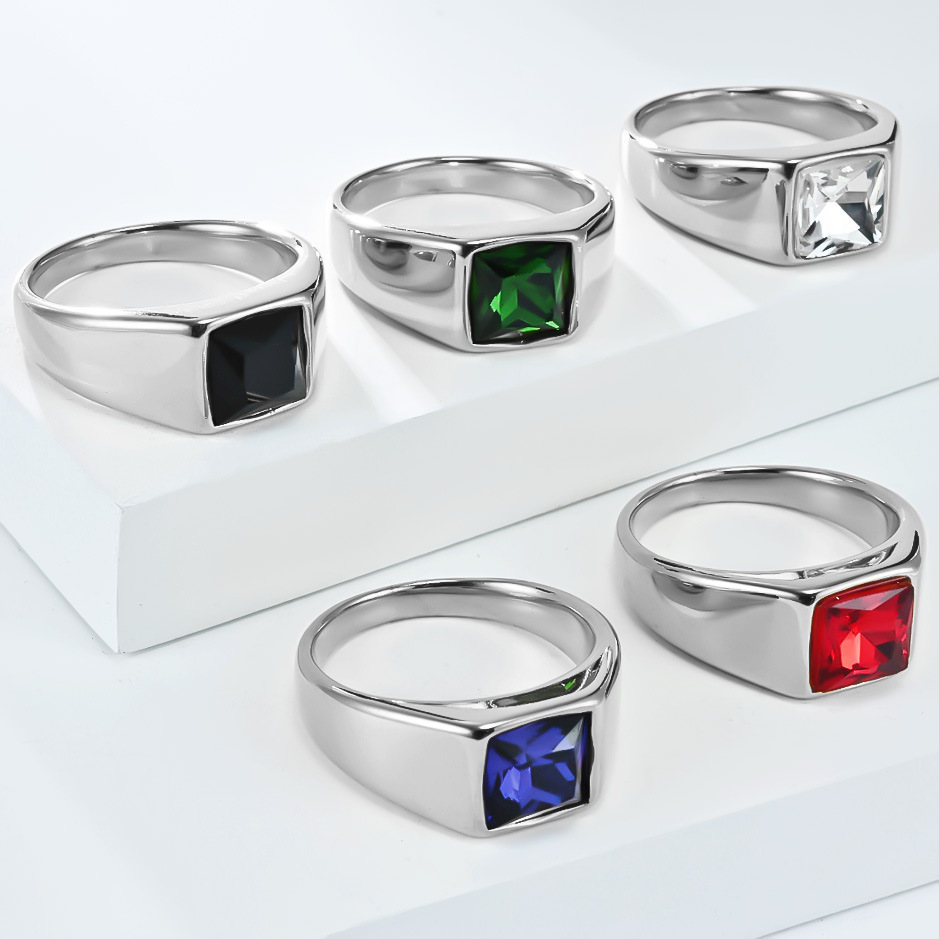 Fashion Hip Hop Retro Rhombus Colorful Stones Casting Ring Stainless Steel Finger Ring Men Jewelry