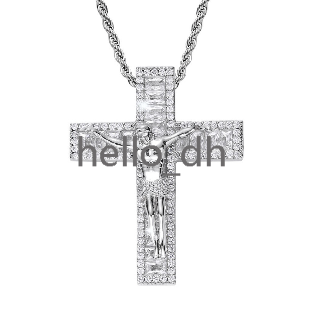 Hip Hop Jewelry Silver Plated Retro Jesus Cross Iced Out Diamond Religious Cross Pendant for Men Women Fine Charms Pendant