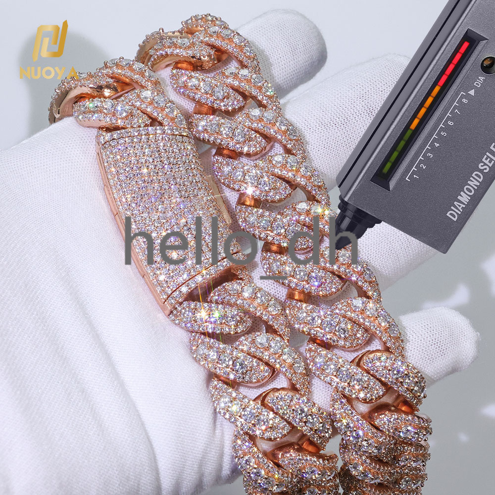 Luxury 925 Silver Cuban Chain Necklace Women 22mm Three Row Iced Out VVS Moissanite Hip Hop Cuban Chain Jewelry Gift