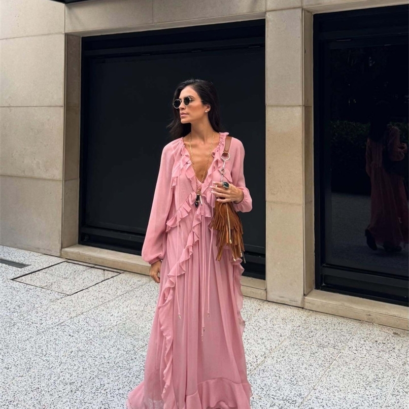 European and American style 2025 early autumn layered ruffled long-sleeved chiffon dress250822