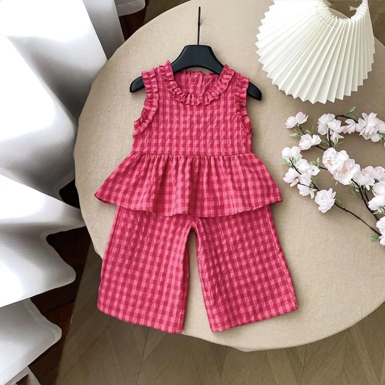 2026 New New Childrens cologne Clothing Plaid Print Lace Sleeveless Cologne Top Wide Leg Pants 2Pcs Perfume Sets Kids Boutique Clothes Baby Girl Out