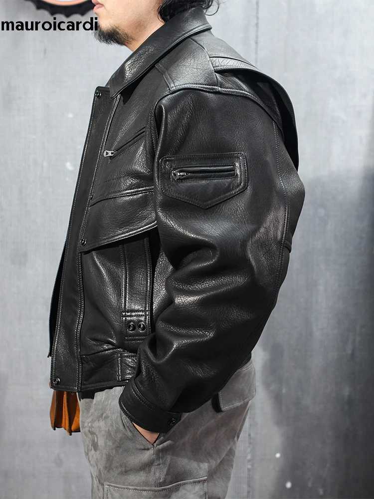 Mauroicardi Spring Autumn Cool Handsome Short Hard Black Pu Leather Motorcycle Jacket Men Long Sleeve Luxury Designer Clothes X250822