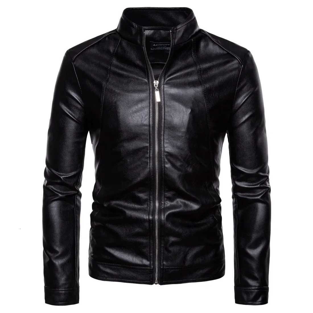 Veste en cuir de moto à collier pour hommes
