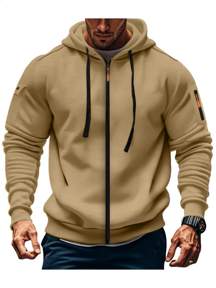 Mens casual hooded collar drawstring hooded sweatshirt sports long sleeved outdoor streetwear solid color lightweight cardigan250821