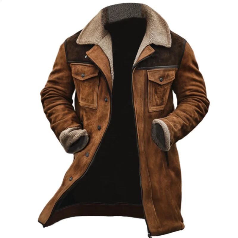 Mens Vintage Suede Patchwork Lamb Fleece MultiPocket Reverse Collar Outdoor Jacket Coat 250818