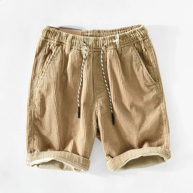 American Vintage Corduroy Shorts For Men Summer Loose Drawstring Versatile Middle Pant Fashion Casual Short Trousers 250821