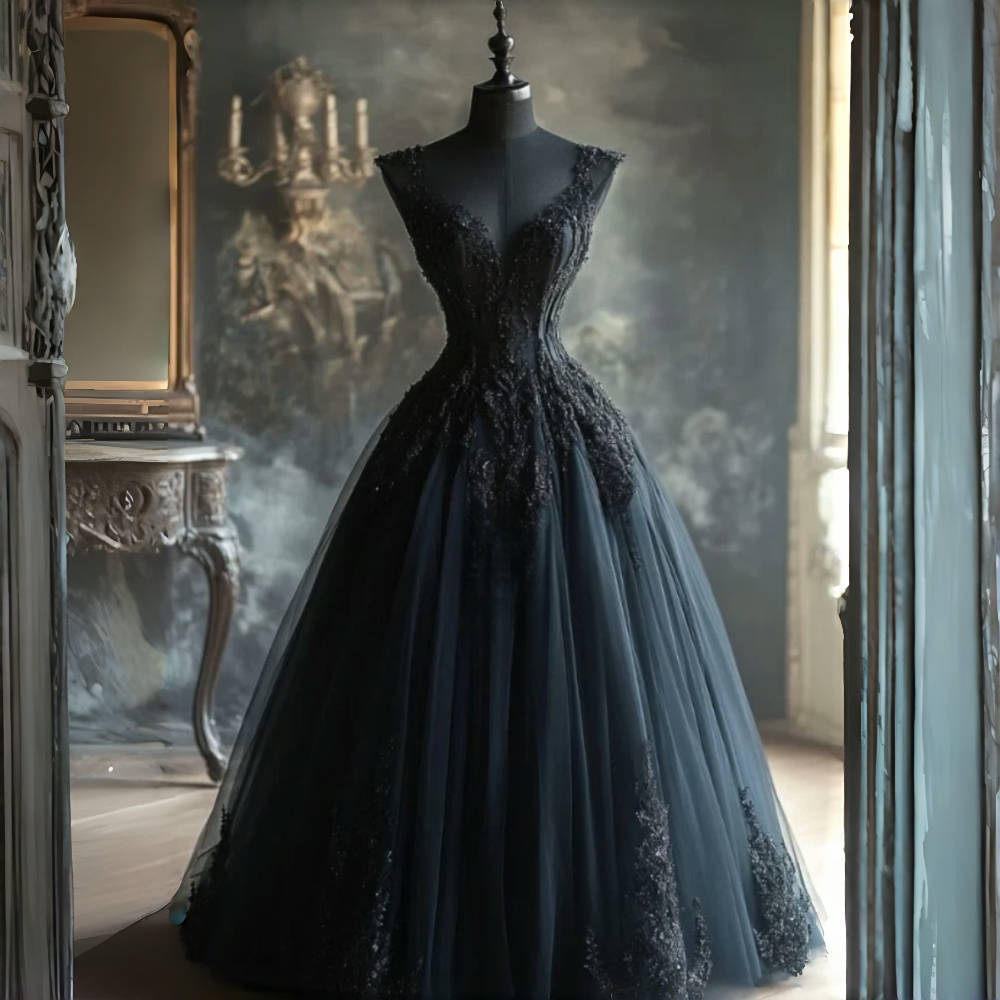 Black Gothic Wedding Dresses Floor Length A-Line Tulle Vintage Bridal Gown Lace 3D-Floral Appliques Retro Custom Made Color/Size