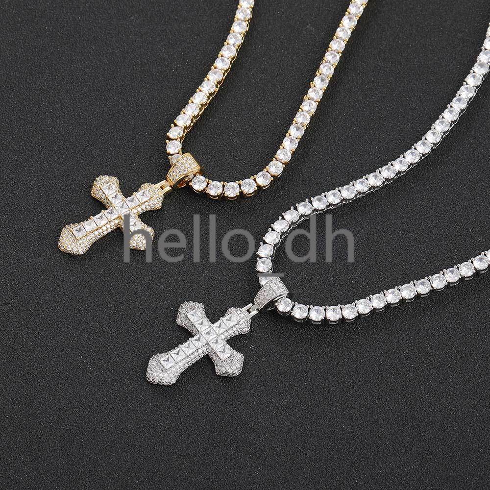 Hip Hop Diamond Cross Pendant Iced Out Baguette moissanite Gold Silver Plated Cross Pendant Necklace Women