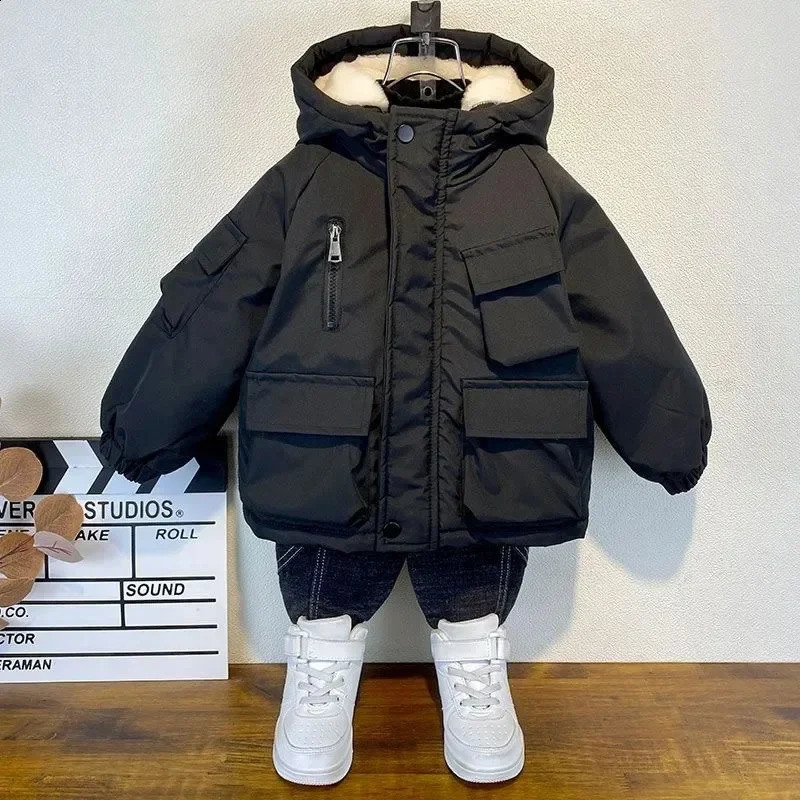 Winter Down Cotton Jacket Boys Black Hooded Coat Children Outerwear Clothing Teenage 3-8Y Kids Parka Padded Snowsuit250821