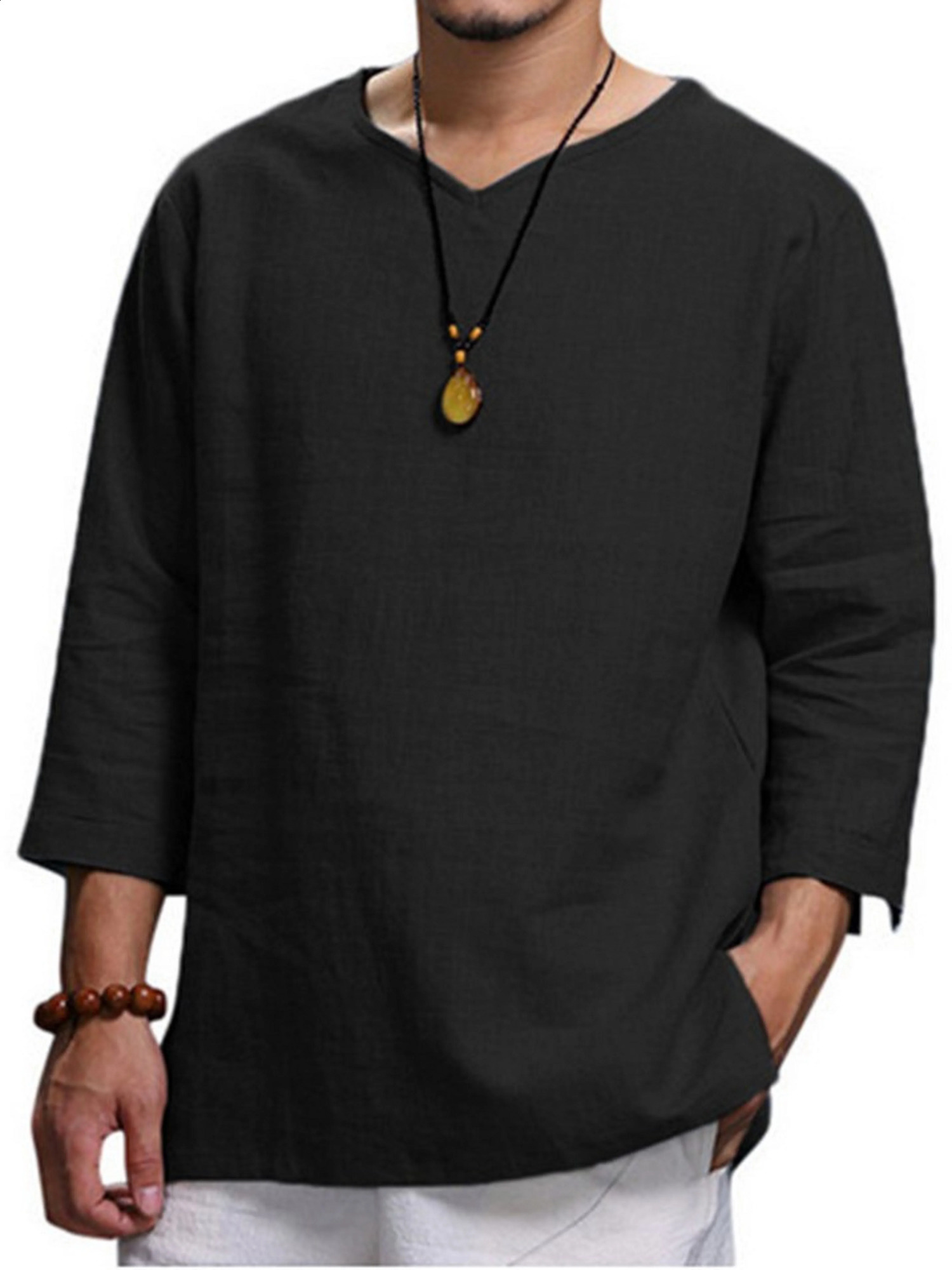Spring et automne Retro Retro Style Coton Couleur solide Couleur de couleur Contractée V-Neck 3/4 Shirt Mens Mens Volyle.