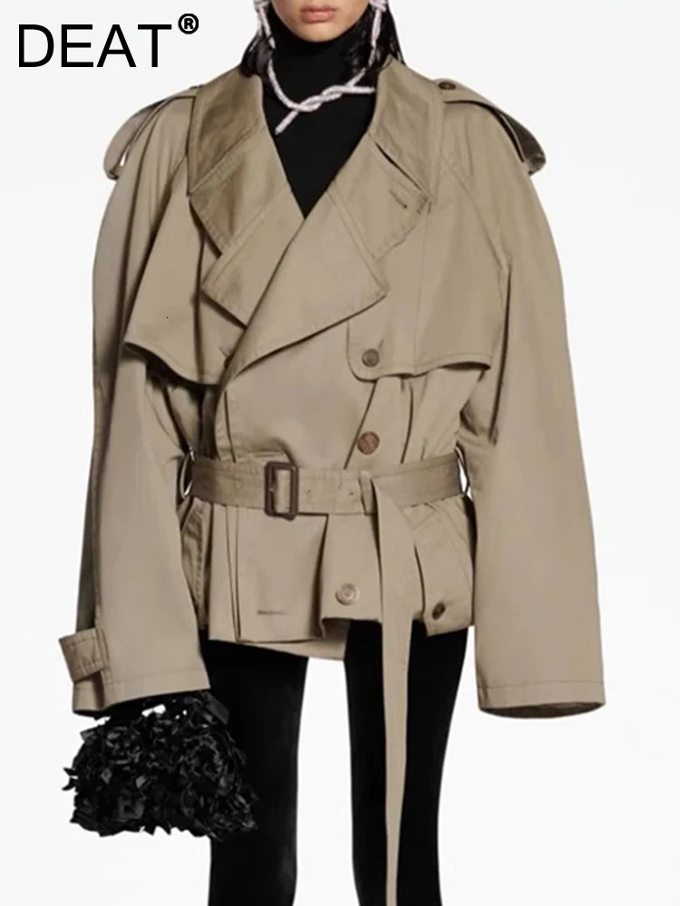 DEAT Fashion Women Cotton Trench Coat Lapel Raglan Sleeve Double Breasted Solid Color Short Windbreaker Autumn 7AB1302 250822