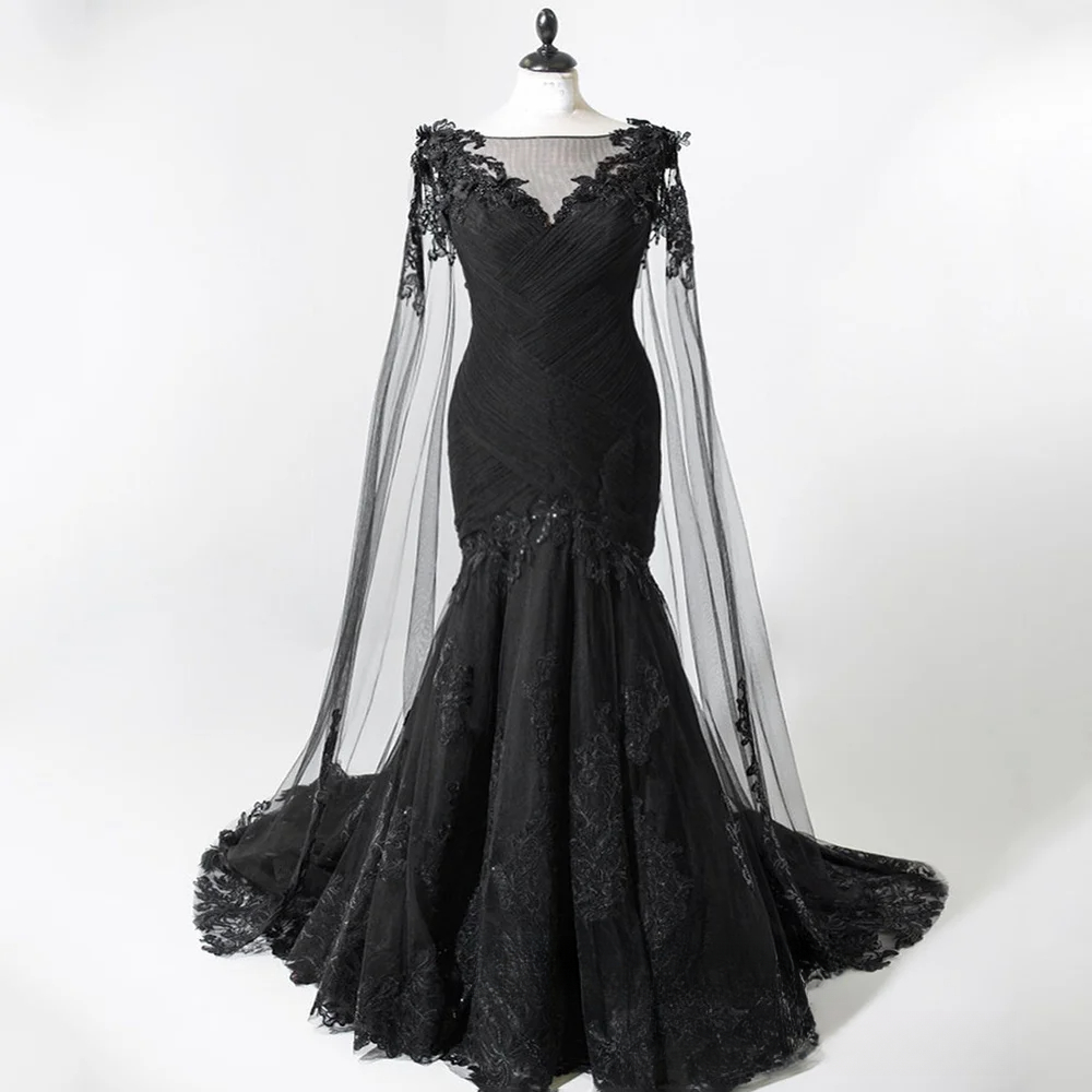 Black Wedding Dress with Detachable Cape Boat Neck Sleeveless Beading Applique Illusion Back Sweep Train Mermaid Bridal Gown Custom Made Color/Size