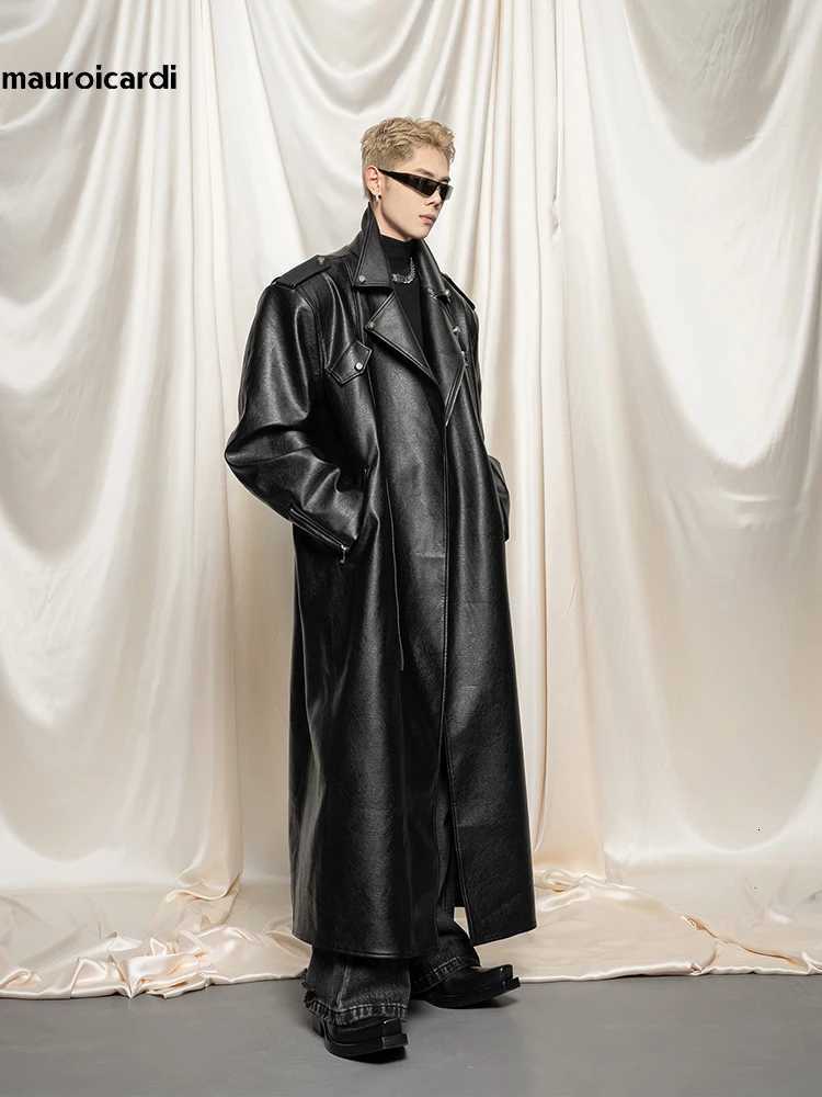 Mauroicardi Spring Autumn Oversized Cool Extra Long Black Pu Leather Trench Coat Men Zipper Loose Luxury European Fashion 2023 X250822