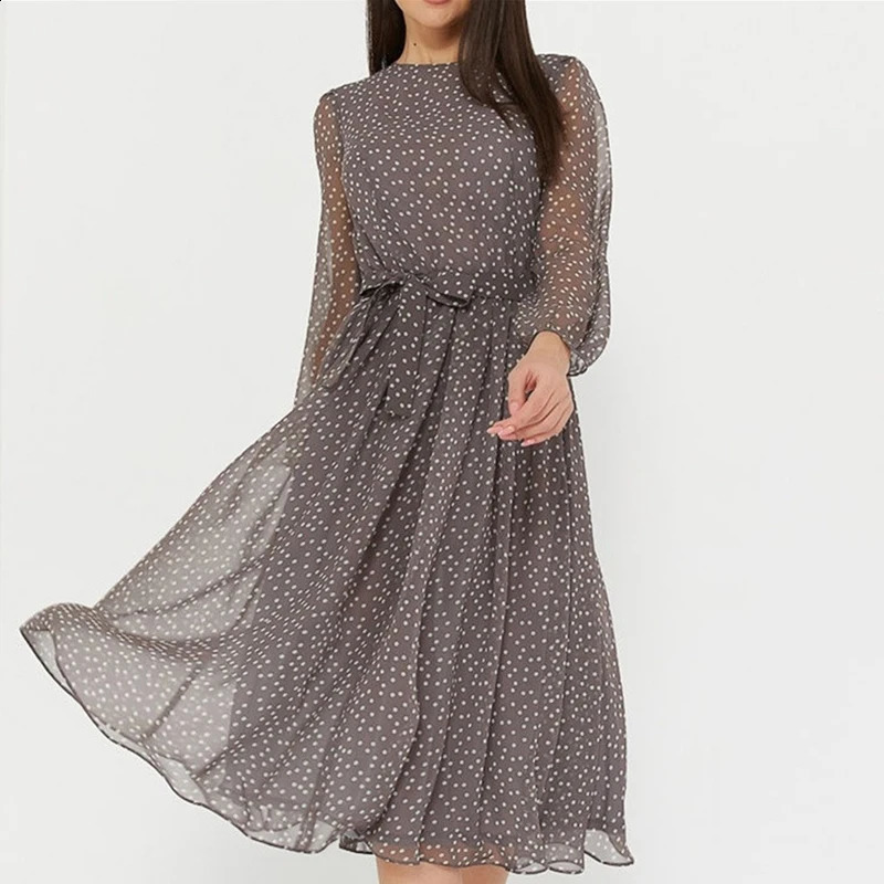 Spring and Summer Chiffon Dress Long Sleeved Solid Color Polka Dot Dress Elegant Lantern Sleeve Round Neck High Waisted Dresses 250822