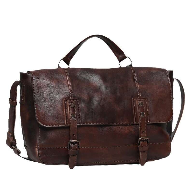 Men's Genuine Style Casual Shoulder Crossbody Handmade Polished Vintage Leather Top Layer Cowhide Postman Bag