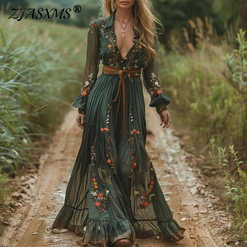 Ethnic Retro Floral Print Pleated Long Dress Spring Sexy Shirt Collar Buttons Women Party Dress Fall Long Sleeve Bohe Maxi Dress 250822