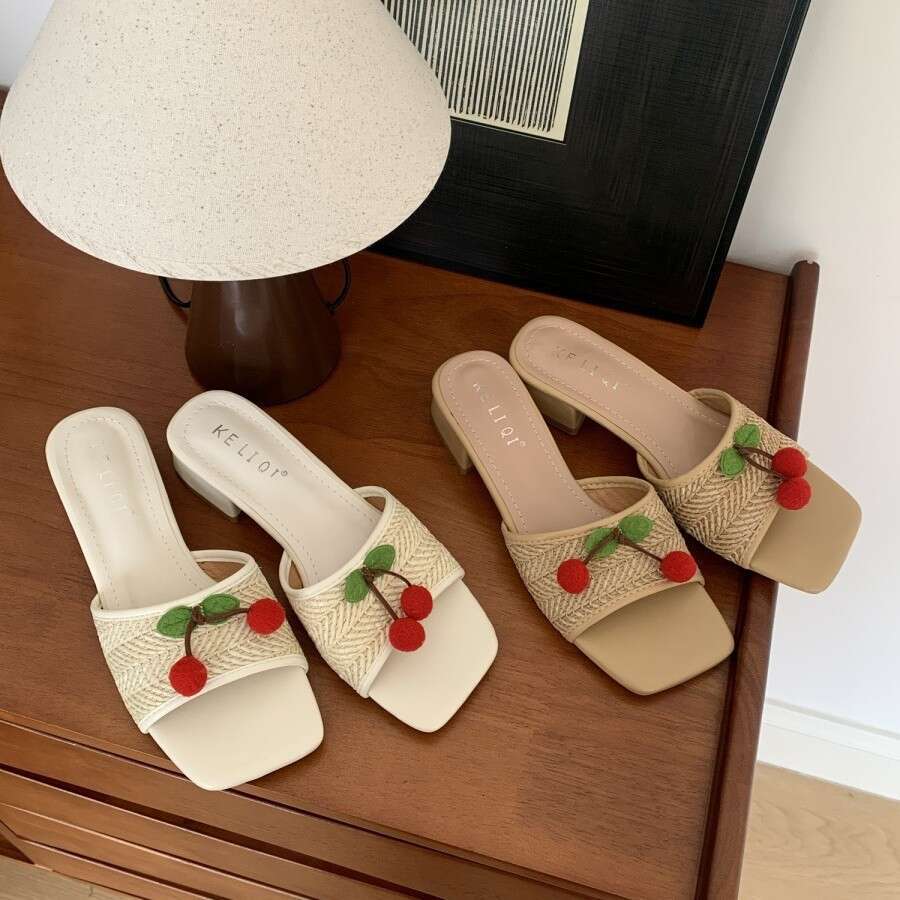 25 Summer New Vacation Straw Woven One-Strap Slippers Cherry Pom-Pom Square Open Toe Low Chunky Heel Backless Sandals