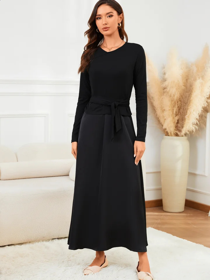 VEITCHE 2025 Fashion Women Long Dress Suit Cotton V-Neck knitted Top with Belt Satin Solid Color Strap Long Skirt250821
