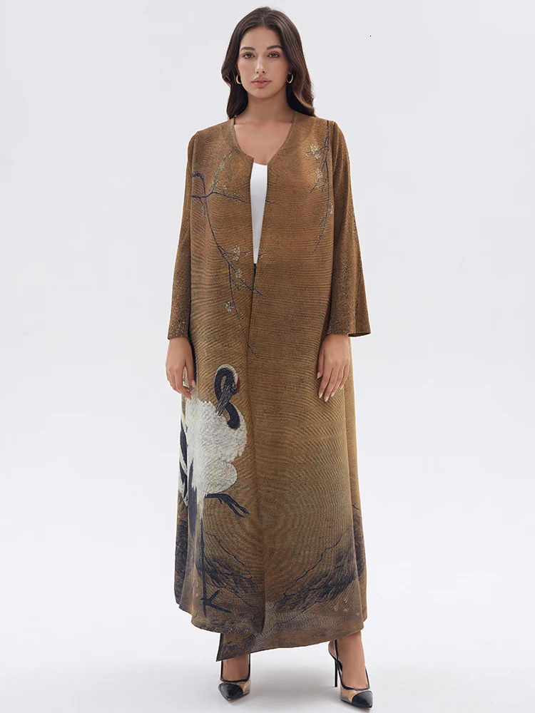 Miyake Pleated Vintage Swan Printed Long Sleeve Coat Women Autumn Winter Original ner Abaya Cardigan Plus Size Windbreak 250822