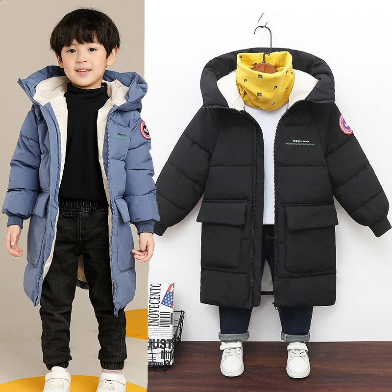 Winter Teen Boys Jacket Long Style Solid Color Thick Keep Warm Hooded Windbreaker For 3-10 Years Kids Down Cotton Outwear250821