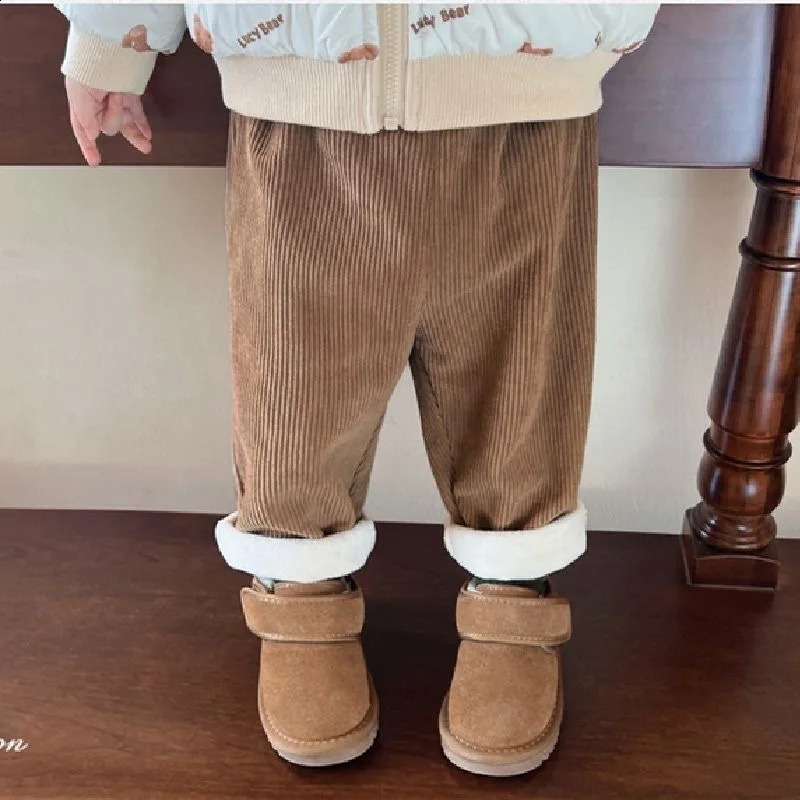 1pcs Boys Girls Winter Velvet Corduroy Kid Pants Little Bear Cartoon Mid Waist Warm Pantalone Baggy Thick Plush Children Trouser250821