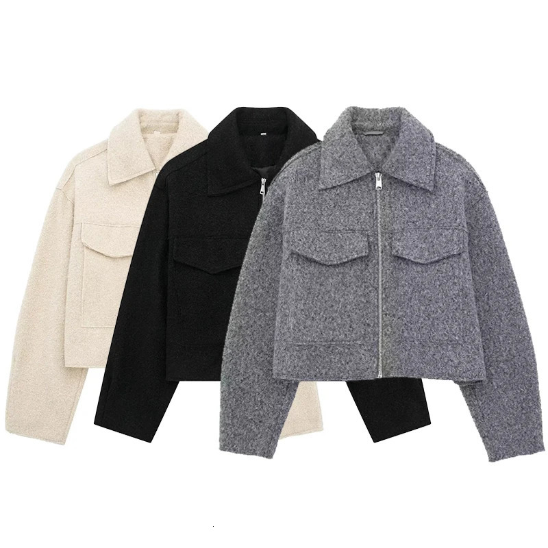 Willshela Women Fashion With Pockets Grey Front Zipper Jackets Vintage Lapel Neck Long Sleeves Female Chic Lady Outfits 250822