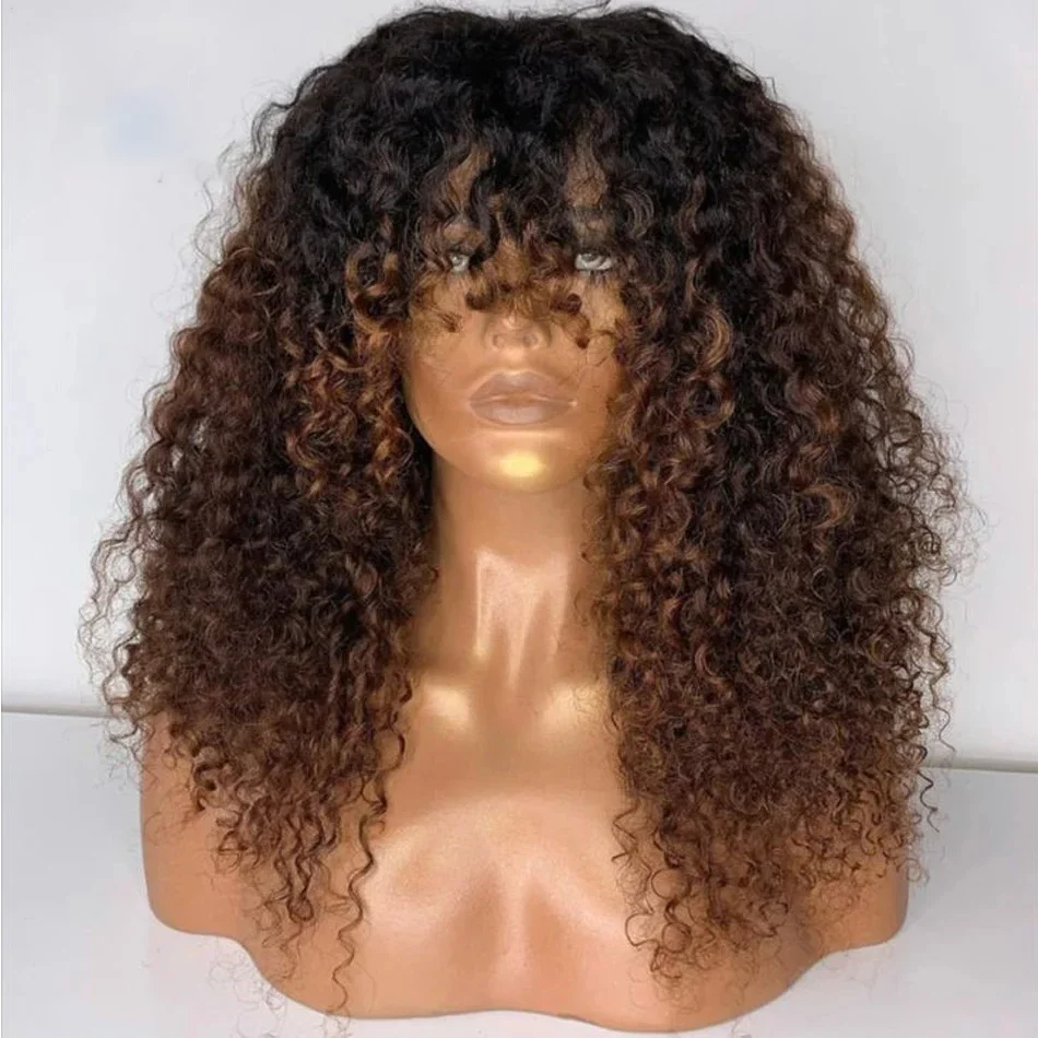 Ombre brun blonde blonde 200 densité douce sans glue sans glue curly perruque avant avec une usure de frange et go 13x4 pour les femmes noires ch