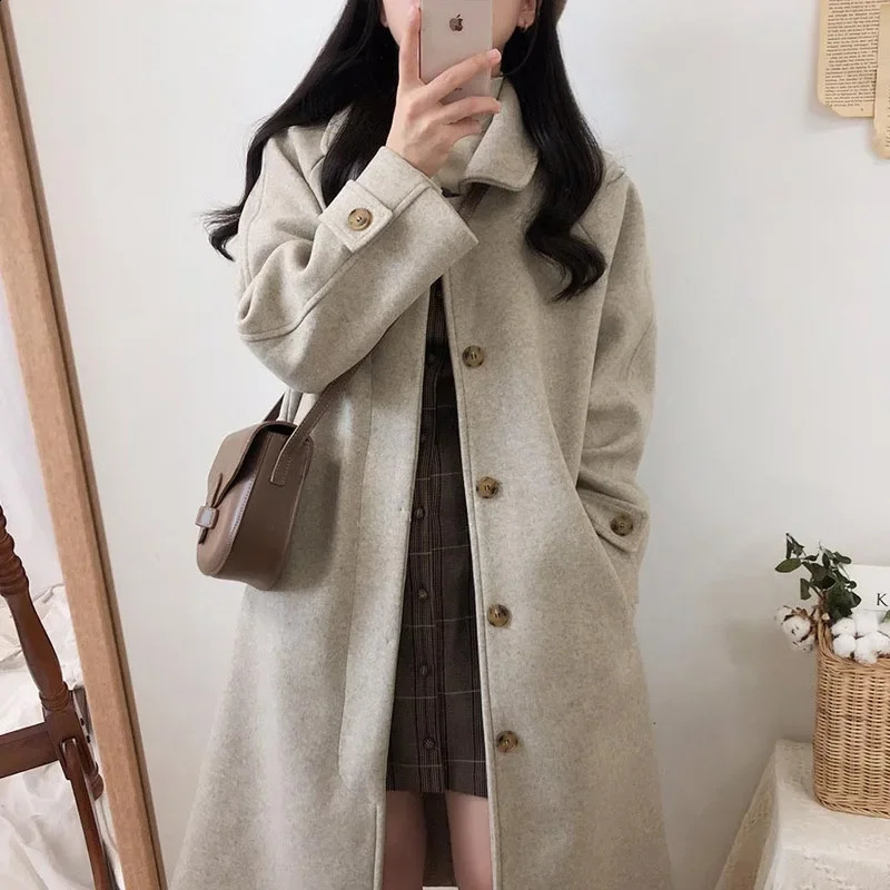 Loose Thickened Korean Style Womens Coat Over-Knee Woolen Jacket Medium Length Autumn Winter Arrival from Mainland China250821