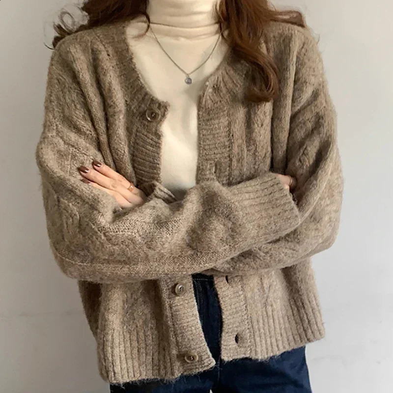 POCZCIY Women ONeck Plain Knit Sweater Casual Stretchable Button Up Thick Cardigan Coat Long Sleeve Autumn Winter 250818