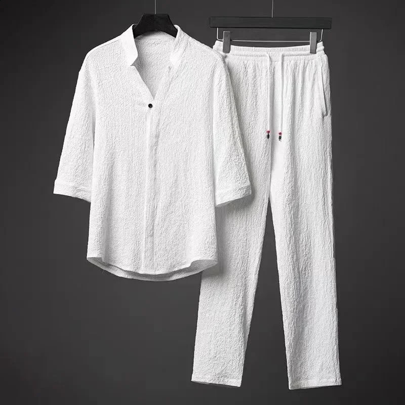 Vintage Button Tops Mens Two Piece Set Summer Casual Shirt and Pants Suits Outfit for Men Solid Color Tracksuit Leisure Clothing250822