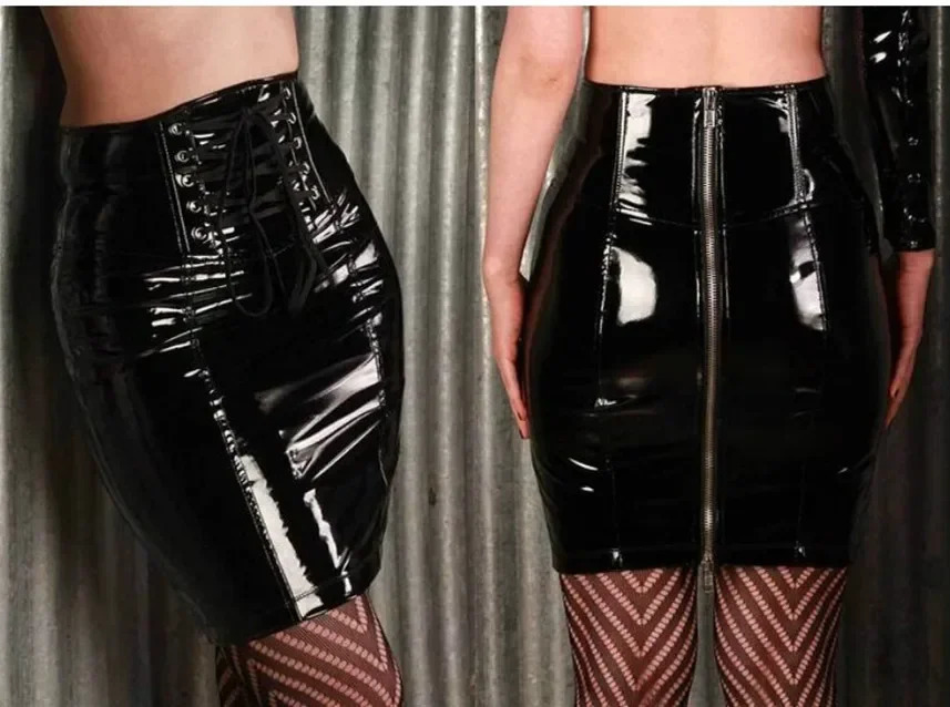 Gothic Black Skirts for Women Latex PVC Leather Pencil Mini Skirt Lace Up Zip Shiny Bodycon Sexy Club Y2k Clothes 250822