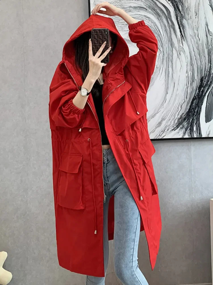 Korean Fashion Trench Coat for Women Spring Autumn Solid Hooded Windbreaker Long Coat Jackets Women Clothing Long Sleeved Tops 250819