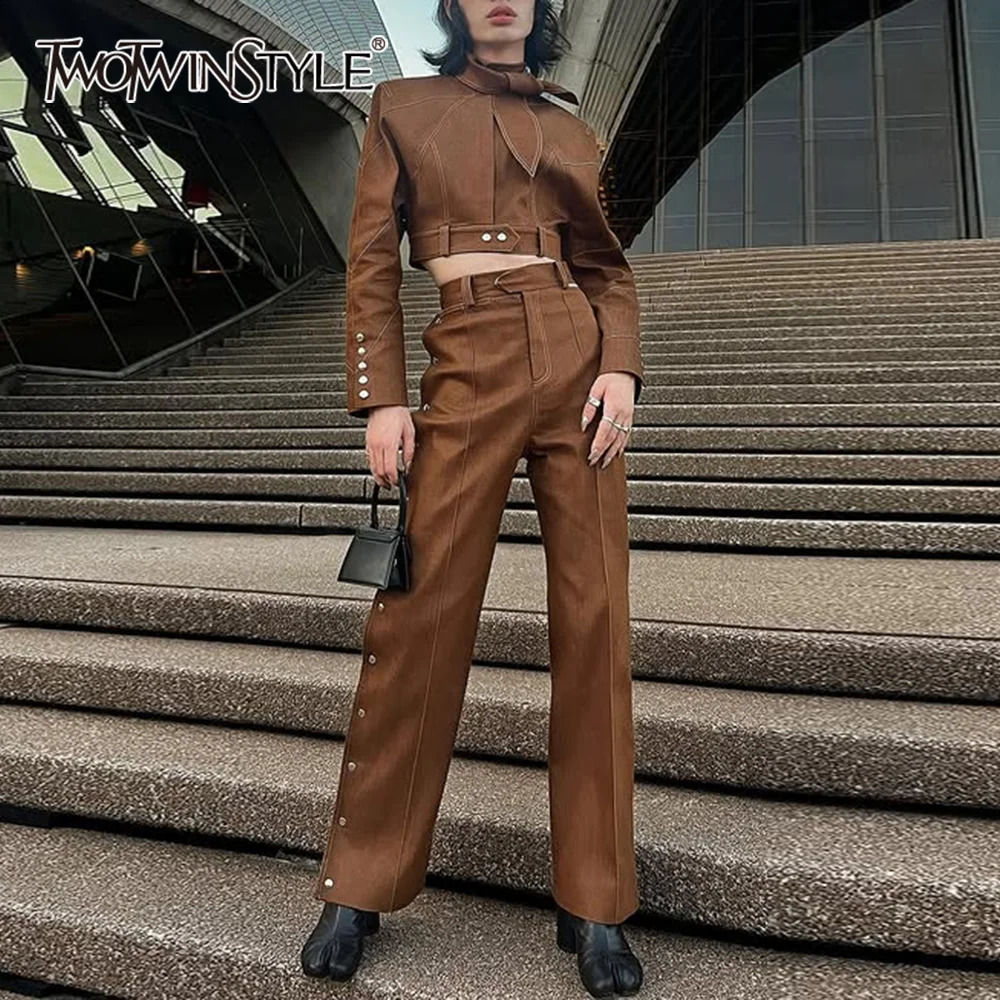 TWOTWINSTYLE Solid Two Piece Set For Women Stand Collar Long Sleeve Top High Waist Wide Leg Pant Minimalist Sets Female Clothes 250822