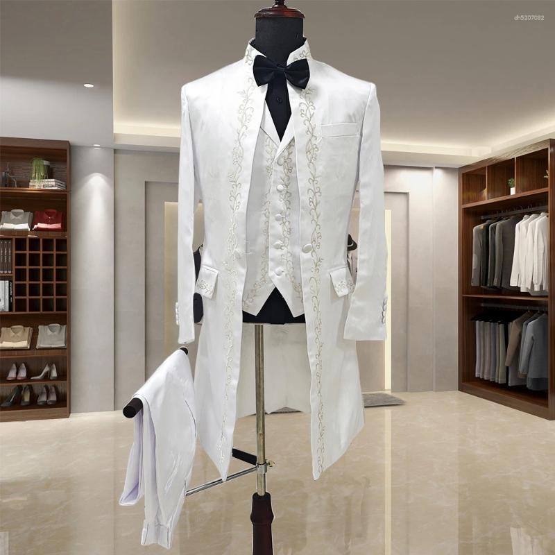Men's Suits Fashion White Elegant Satin Single Breasted 3 Piece Jacket Pants Vest Male Clothing High Quality Customzied Blazer
