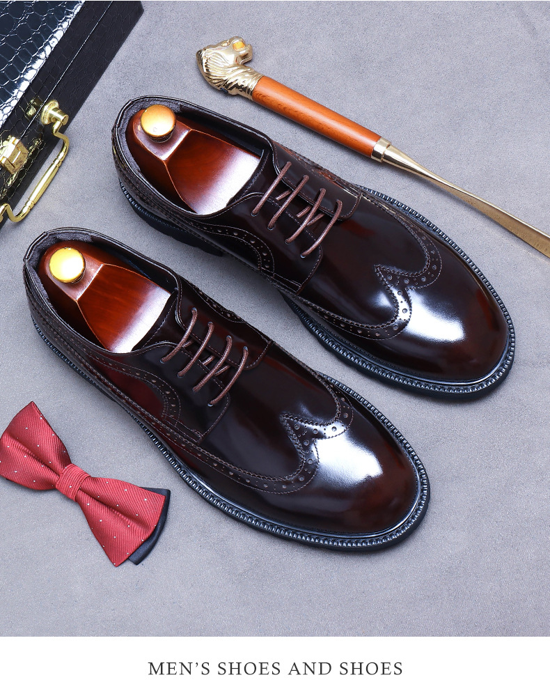 High-end European genuine leather large size formal handmade leather shoes for men's round toe brick shoes glossy patent leather suit wedding s