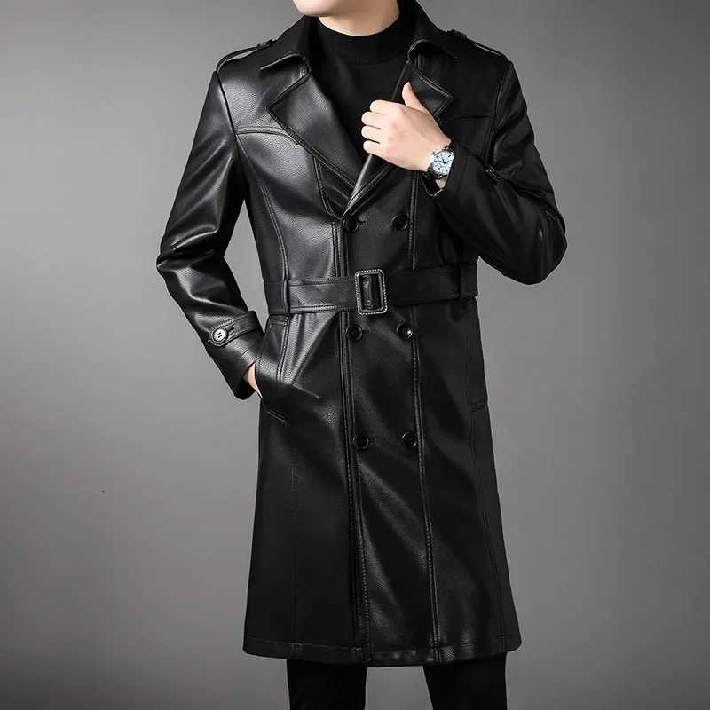 High Quality Knee-Length Mens Leather Overcoat for Autumn Winter Double Breasted Business Windbreaker Leather Coats PU-026 X250822