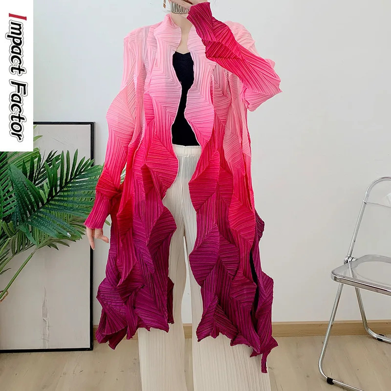 Fashion Miyake Pleated Gradient Midlength Loose Cardigan Cape Jacket Autumn Coat Women 250822