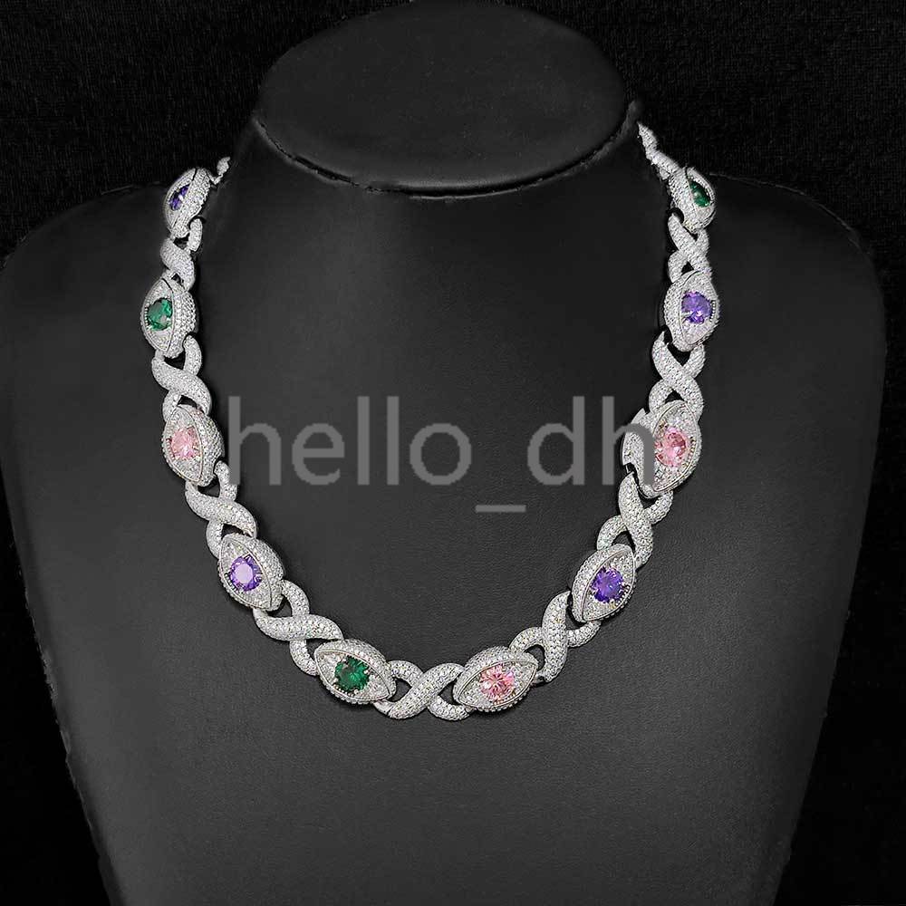 15mm Colorful Big Diamond Eye Shape Silver Infinite Cuban Link Hip Hop Jewelry Iced Out Cuban Chain Necklace for Women
