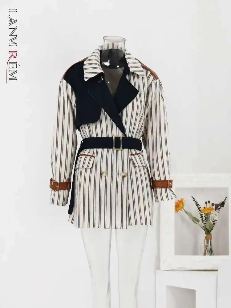 LANMREM Striped Contrast Color Spliced Windbreaker Women Fashion Belt Gathered Waist Mid Length Coat Autumn 2AA3100 250822
