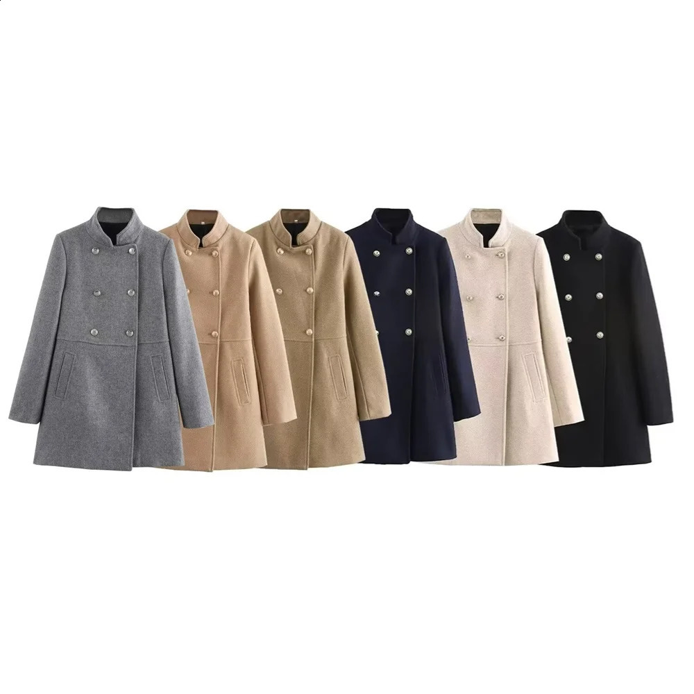 2024 Rarf Femmes Stand Up Collar Double Breasted Coat Pocket Decoration Automne / Winter Womens Clothing250821