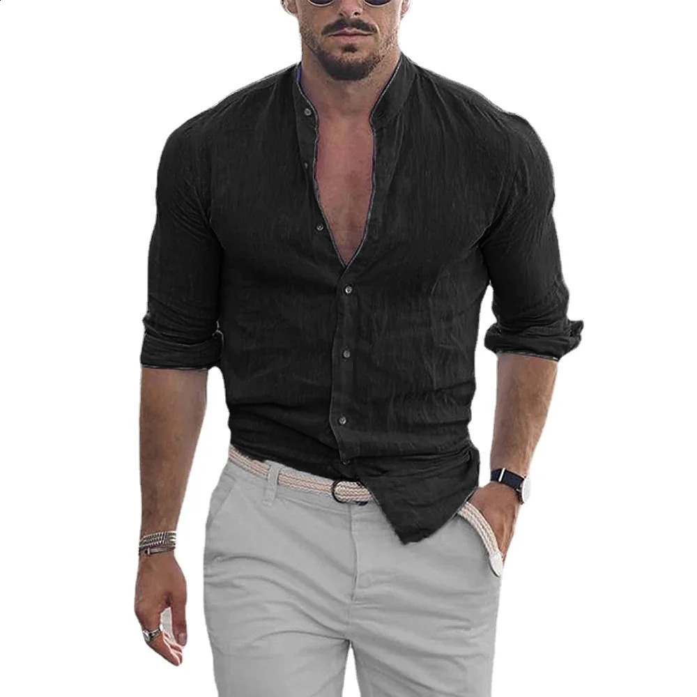 Chemises en lin en coton pour hommes Couleur de cou de madarine Couleur solide à manches longues en vrac Spring Automne Shirt250821