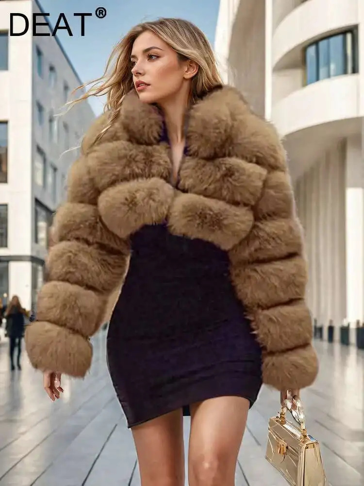DEAT Fashion Womens Faux Fur Coat Stand Neck Long Sleeve Zipper Short Solid Color Thick Warm Jackets Winter 2024 7AB6434250821