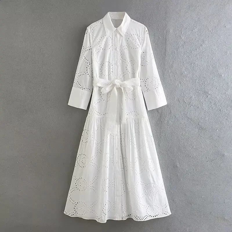 Willshela Women Fashion With Belt White Embroidery Single Breasted Midi Dress Vintage Lapel Neck Long Sleeves Female Dresses 250822