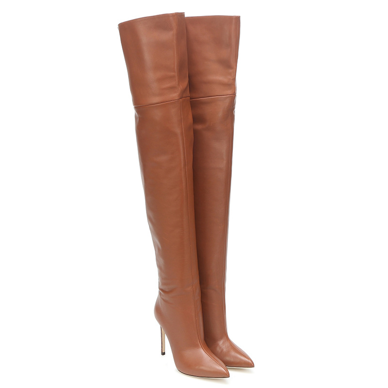 Luxurys Designer Femmes habille des chaussures de mode Fashion Femmes Over the Knee Boots pointues Toe High Heels Patchworks dames Hiver Coffe
